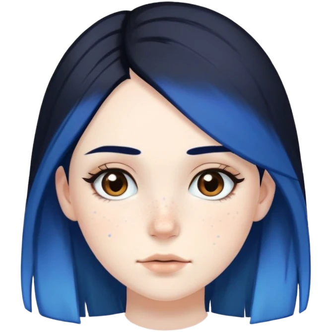 Pale girl with brown eyes and freckles, black hair, with two strips of blue hair emoji