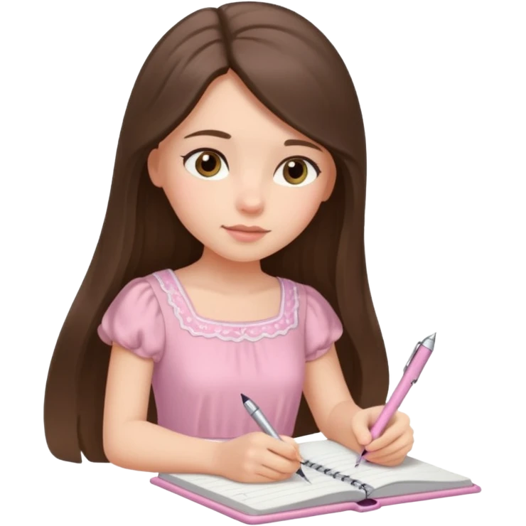 white brunette girl long hair with hazel eyes in a light pink dress writing in a notebook emoji