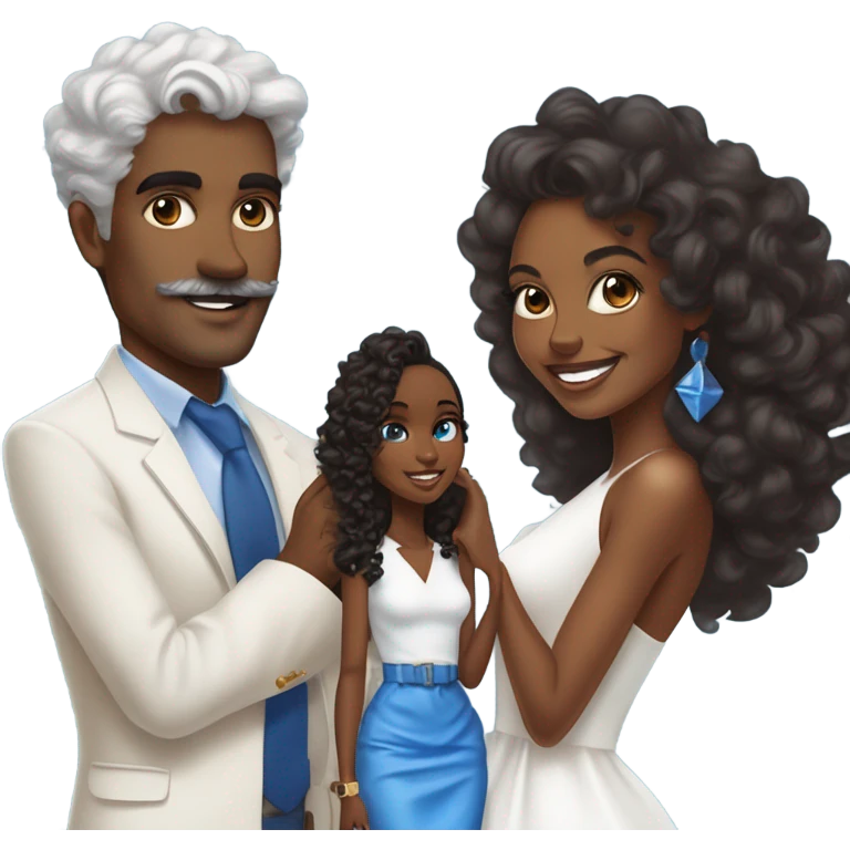 “Brown-skinned Black woman in her mid-20s with blowout curls, wearing a white dress, holding a blue mini Hermes Kelly, and a 7-carat ring. A white man with blue eyes, grey hair, mustache, and an expensive watch, smiling at her.” emoji