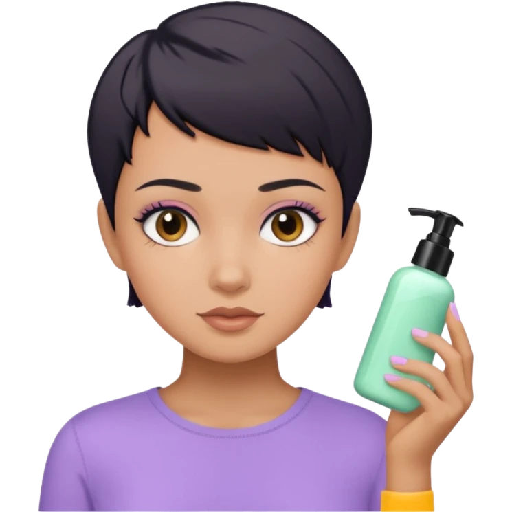 tan girl with pastel purple shirt with black hair & a pixie, doing her skin care emoji