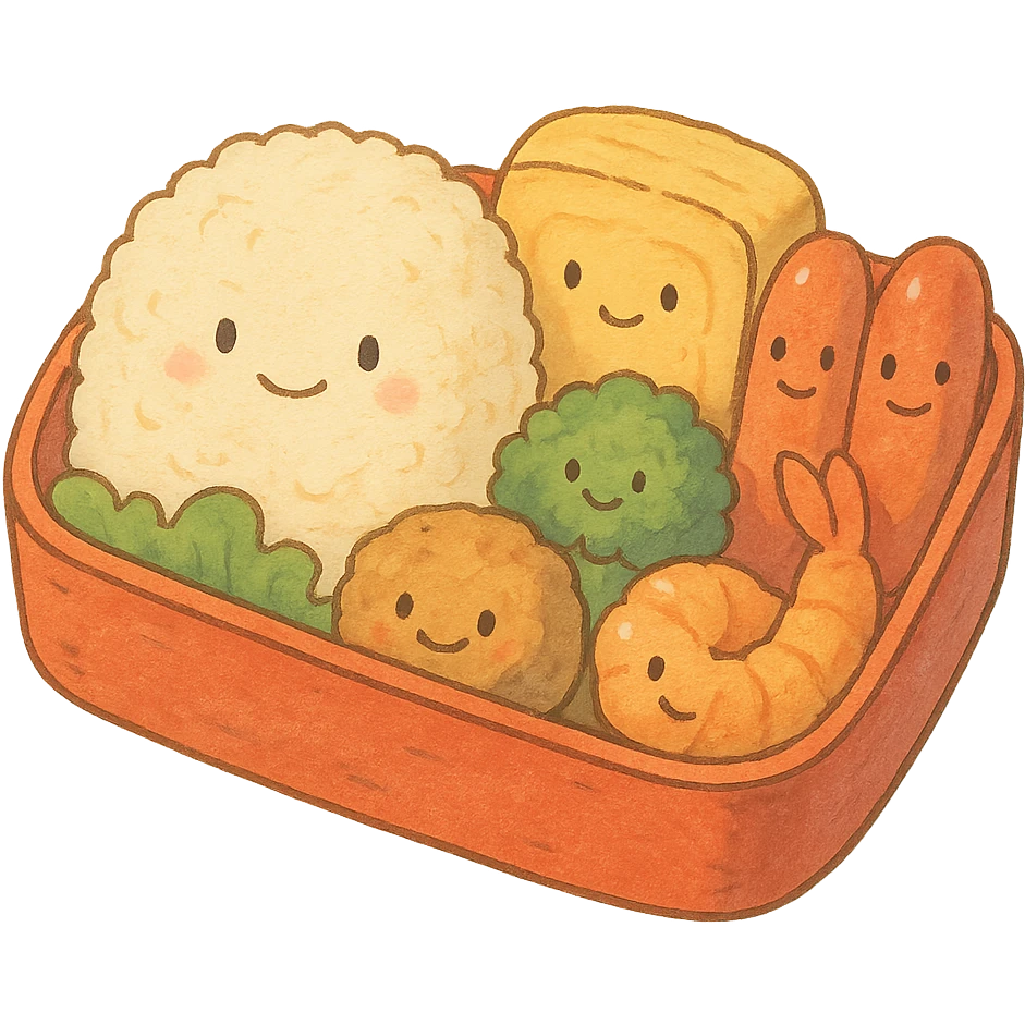 Japanese style bento box with cute food faces, soft pastel kawaii hand-drawn style, full object emoji