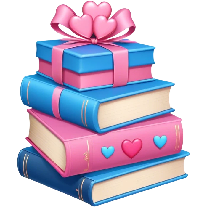 lots of romance books stacked up, pink and blue, with hearts and bows emoji