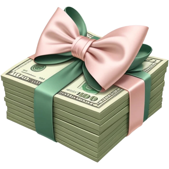 Pink aesthetic Neat money stack tied with a blush satin bow, muted green $100 bills, soft luxury rich  emoji