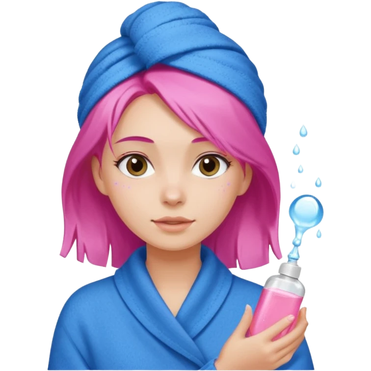 A girl grabbing a pink hair serum with a white shower towel in her hair with skincare on her face dressed in a blue sweater emoji