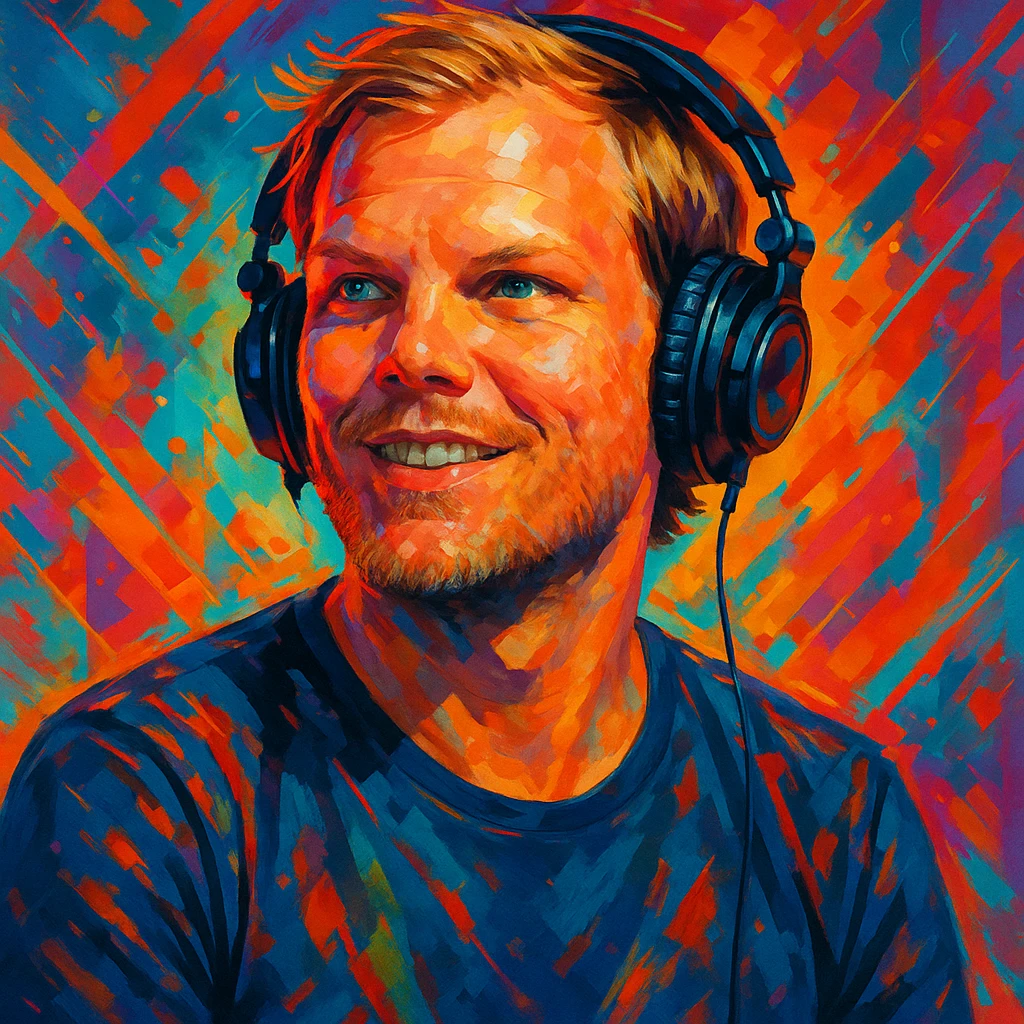 stylized portrait of Avicii age 36 wearing headphones, energetic and modern vibe emoji