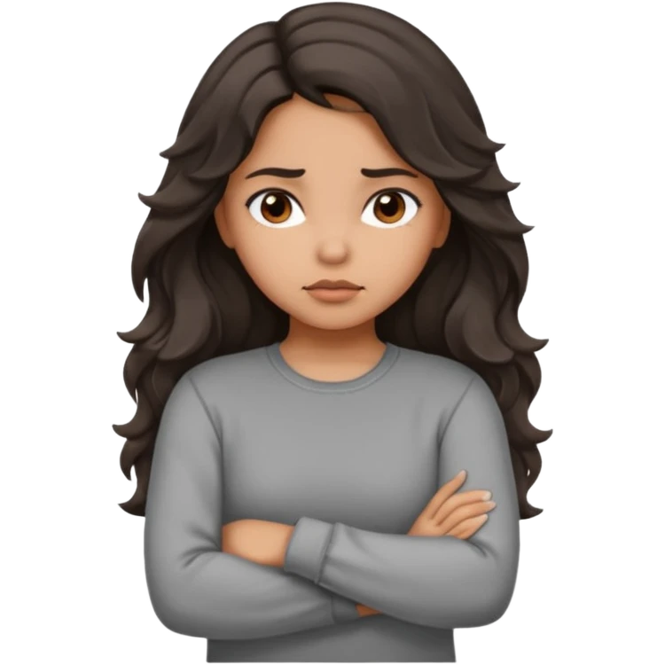 Hispanic girl with long dark brown wavy hair arms folded and  pouting. Gray long sleeve emoji