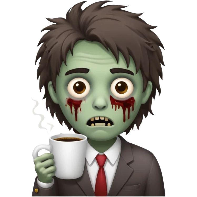 A cute but exhausted office worker character looking like a zombie, holding a giant cup of coffee, dark circles under eyes, messy hair, flat 2D vector art, white background, "Monday Vibes" text. cute emoji