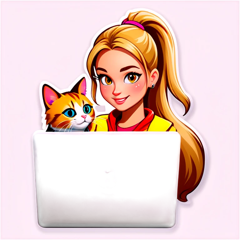 Blonde girl ponytail macBook and a cat emoji