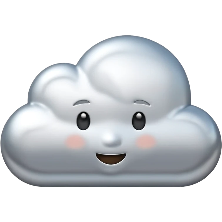 A cute cloud emoji made of silver chrome, smooth rounded shape, glossy metallic surface, soft reflections, minimal and friendly design, iOS emoji style, centered, clean white background, soft lighting emoji