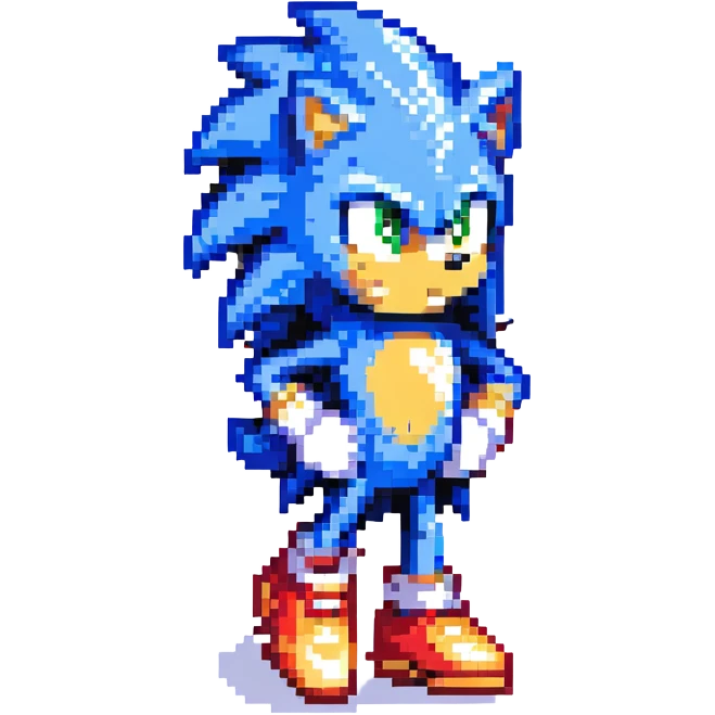Sonic the Hedgehog with blue fur, red shoes, white gloves, standing on a hill in Green Hill Zone, palm trees, checkerboard landscape, golden rings in the air emoji