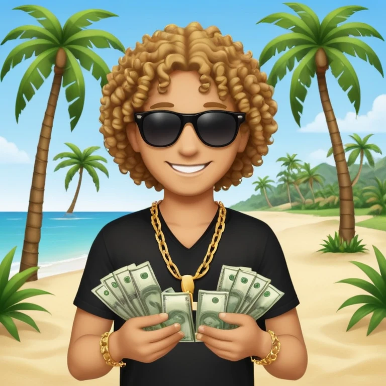 Smiling person with curly hair in black shirt and chain necklace, holding money bundles, black sunglasses, tropical beach scene with palm trees emoji