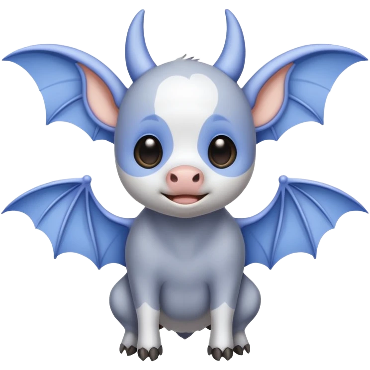 cute cow-bat hybrid with periwinkle wings, white and grey body, bold outlines, optimized for visibility on Discord and Slack emoji