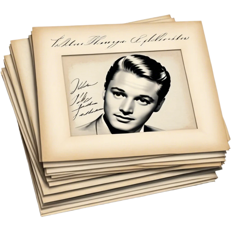 Icon for Autograph Collecting: several vintage framed with signatures of famous celebrities sheets stacked one on top of the other, each . The icon should evoke the charm and history of collecting autographs. Transparent background. emoji