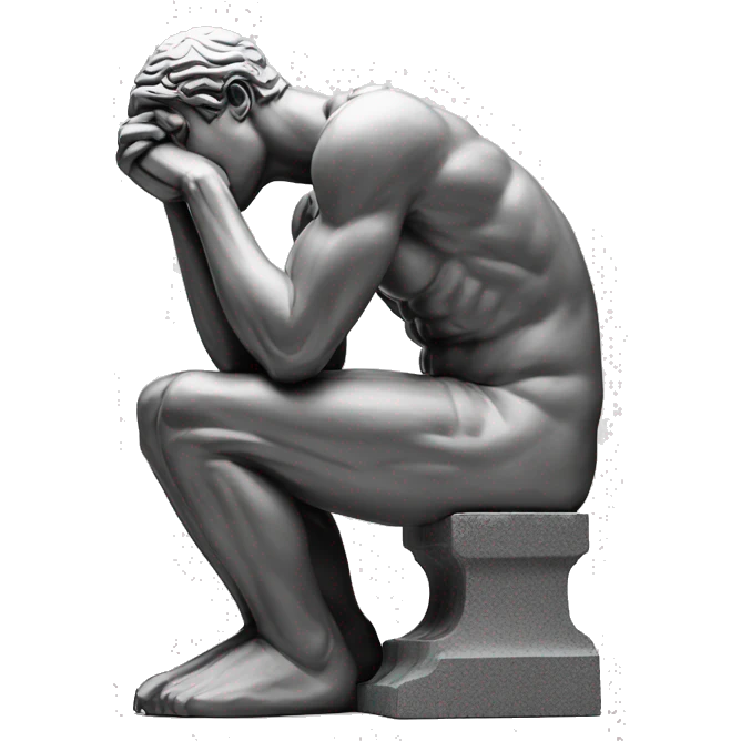 'The Thinker' sculpture. Show only the part above the waist, including the head and the arm resting on the chin. The sculpture should be made of white stone emoji