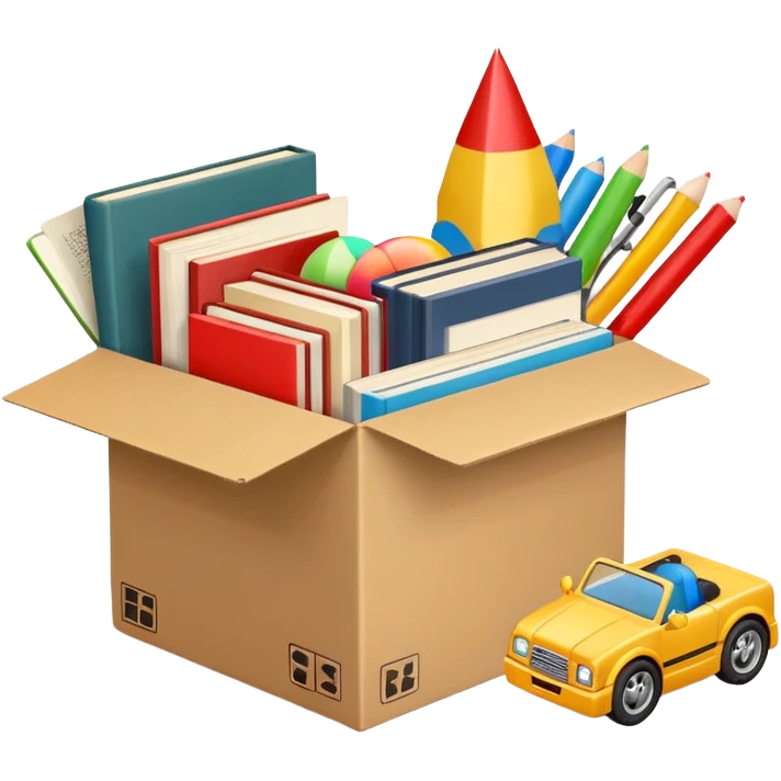 cardboard box with toys, rc, books, CD, realistic emoji