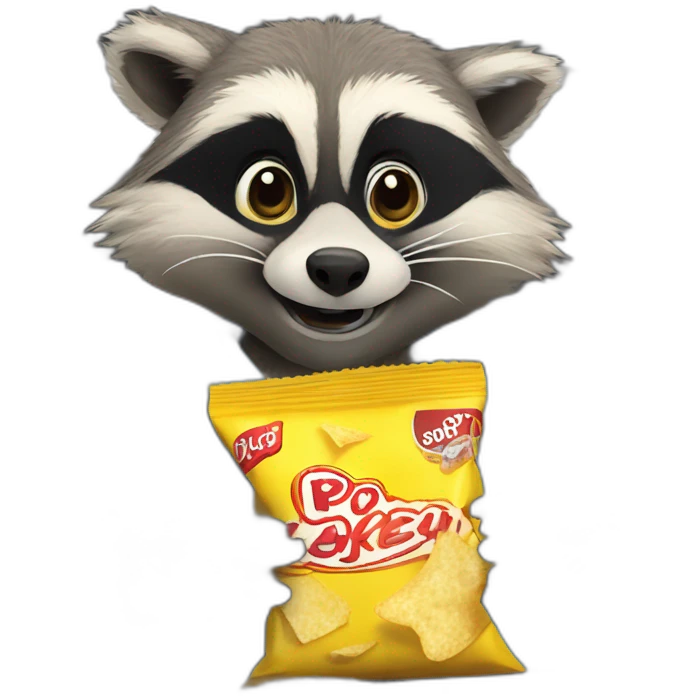 Raccoon on the back seat of a car with its safety belt eating a packet of crisps emoji