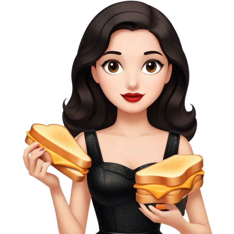 Beautiful woman in 1950’s woman fashion look, black shimmery dress, long dark brown hair, grilled cheese sandwiche emoji