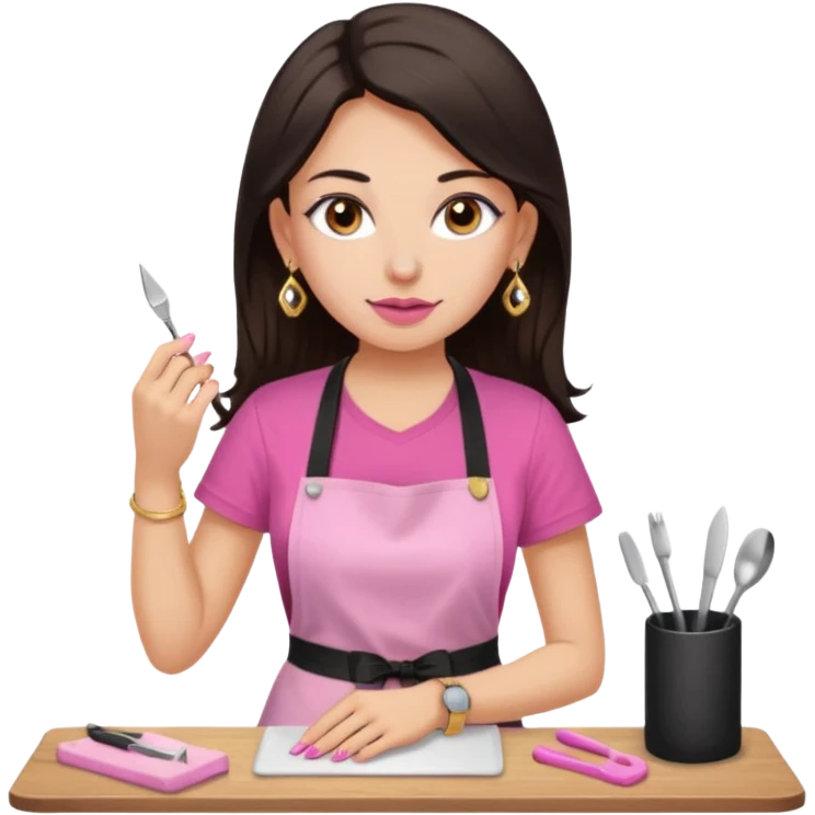 Fille cheveux long châtain foncé, peau beige type européen yeux marron, teeshirt rose avec un tablier noir, piercing au nez anneau doré, boucle d’oreille type diamant doré. Elle fait les ongles nail artiste emoji