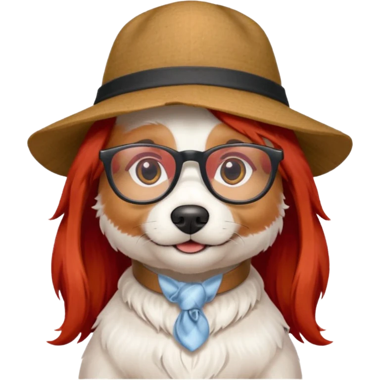 white dog with very red long hair and glassess and hat emoji