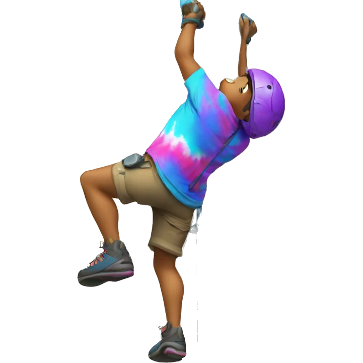 a climber climbing a rock climbing wall with no helmet and tie dye shirt emoji