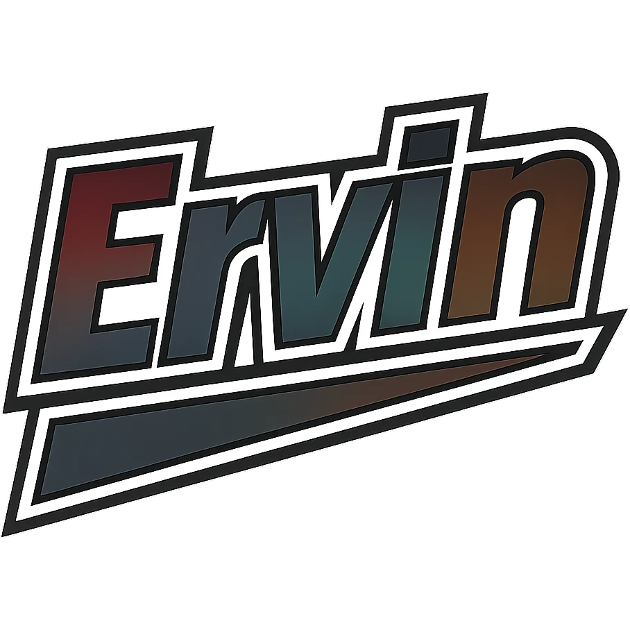 Ervin name in masculine, modern gradient font with dark contour, prominent and clearly visible white border like the sample image, dynamic slanted underline, masculine color shades including blue, gray, burgundy, green, brown, 1000x1000 px, PNG, transparent background, in the style of the uploaded sample. emoji