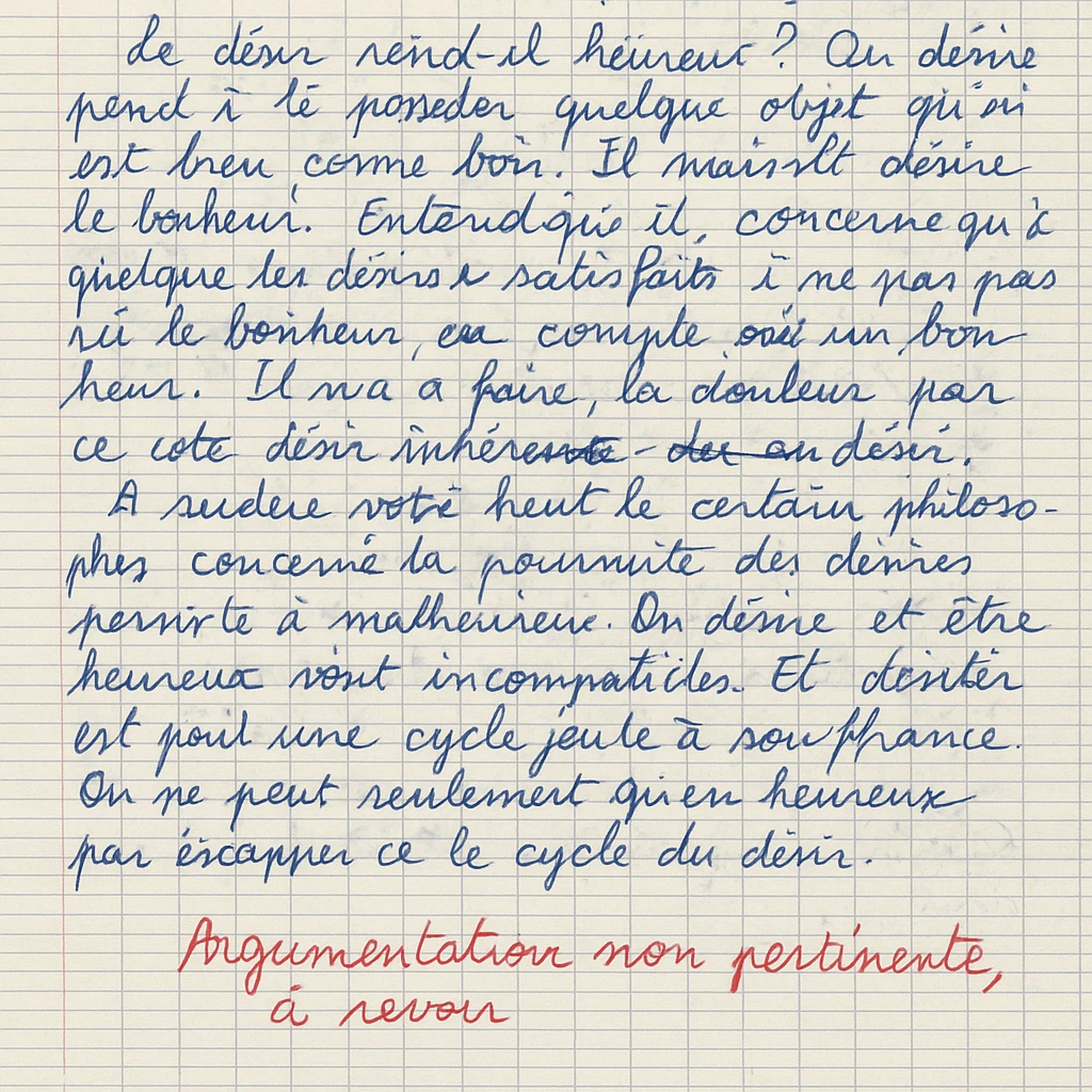 handwritten philosophy essay in French, high school, lined paper, messy French handwriting, grade 5/20 circled in red, teacher's comment in French: 'Argumentation non pertinente, à revoir' in red, visible corrections emoji