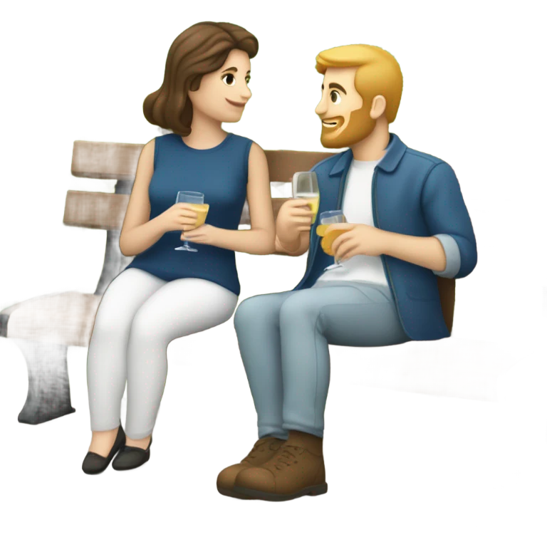 couple with white skin people and brown hair, sitting closely on a park bench, enjoying a romantic moment. One person is holding a croissant, and the other is holding a glass of Prosecco.  emoji