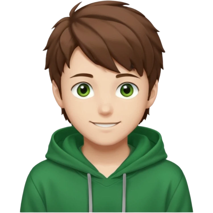 Anime teen boy with brown hair, green eyes, and a green hoodie, looking smiling slightly sideways positioned. 128px emoji