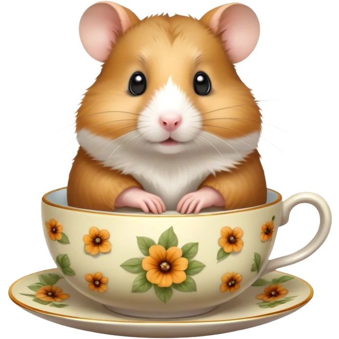Cinematic 32k HD, Extremely detailed image of a hamster in a teacup, each hair, eye, and paw is shown in stunning detail as though captured in a timeless photograph, rich textures, visually rich, so lifelike that it feels like it could leap off the page at any moment emoji