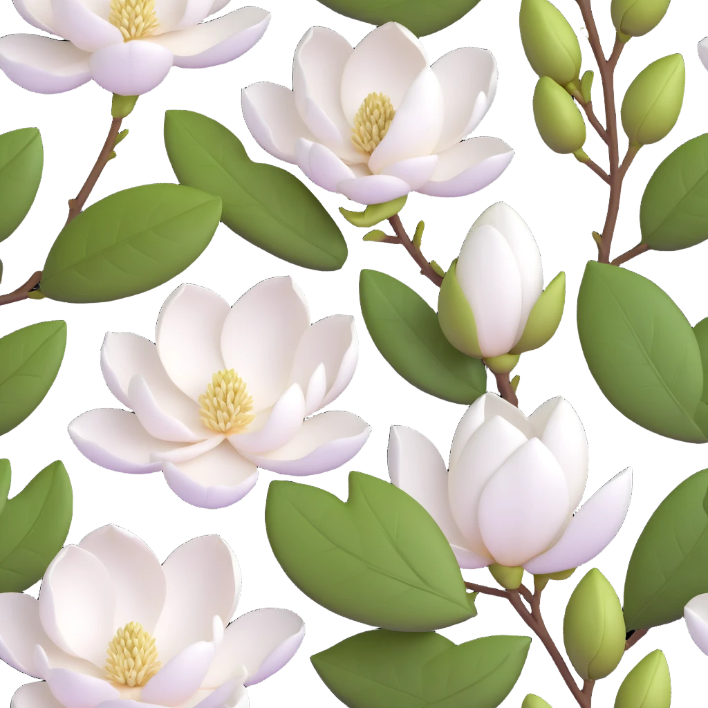 3D icon of a magnolia flower, soft white petals, green leaves, realistic and elegant emoji
