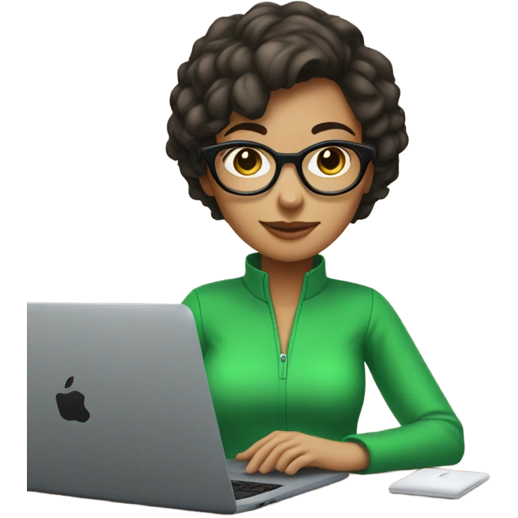 brunette girl with short hair in green clothes that says Kreative Lab and glasses behind laptop  emoji