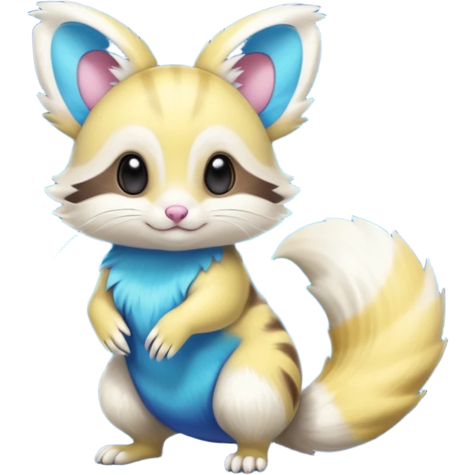 Realistic cute Neon-yellow and neon-cobalt-blue and cyan-gradients Furret-Emolga-Genet-Purrloin-hybrid-fusion (full body) emoji