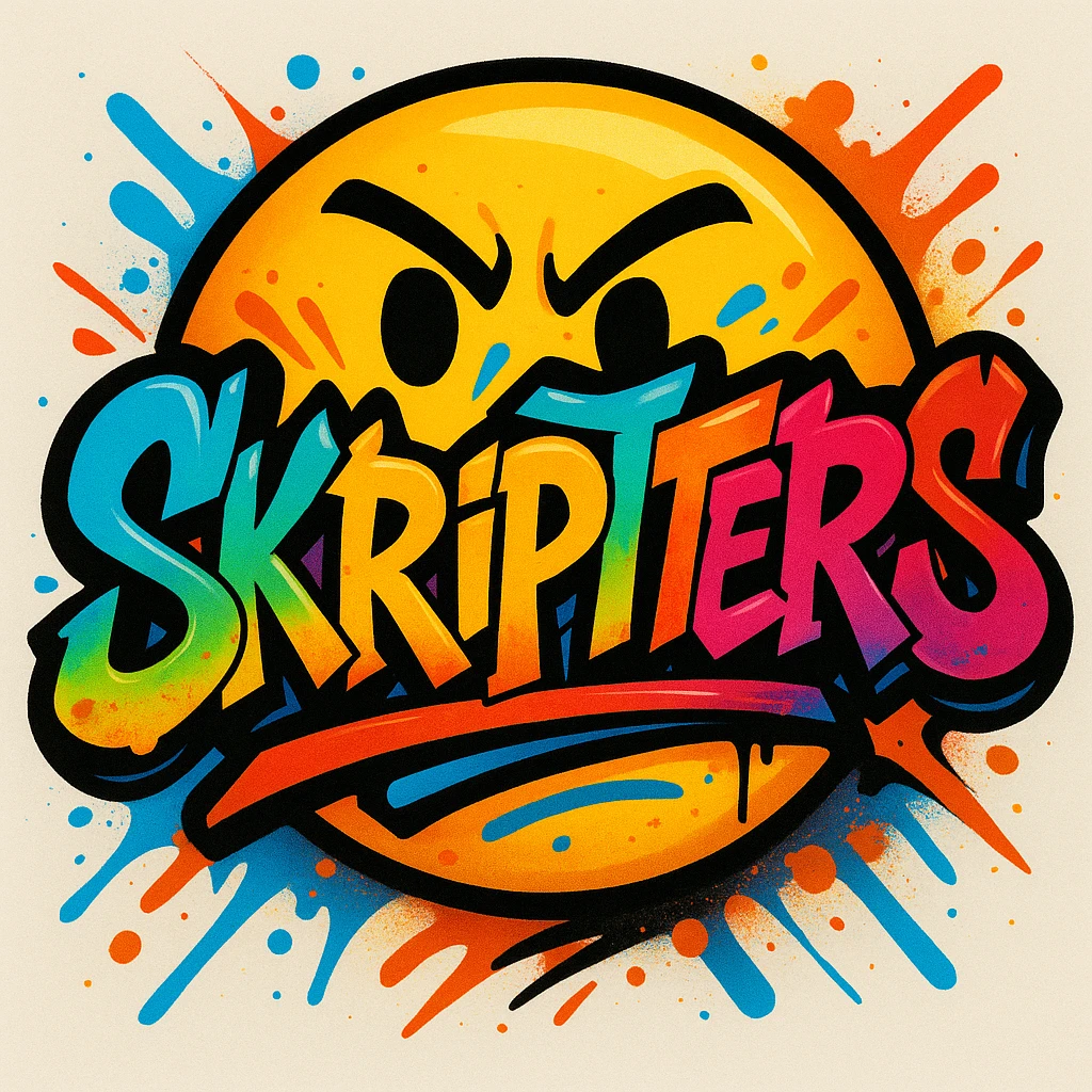 creative emoji featuring the word 'skripters' written in graffiti-style lettering, bright energetic colors, dynamic look emoji