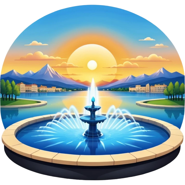 Please generate an image of a sunrise illuminating a lake with a huge fountain like that in the Geneva lake and some mountains in the background. emoji