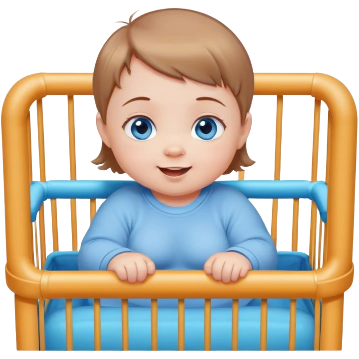 Blue-eyed baby girl with short light brown hair, chubby, mischievous smile in playpen  emoji