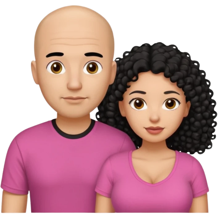 A picture if a couple. the man is a Mexican man with  black hair, a bald hair cut and with a black t-shirt on. the woman is mixed with black and white, with brown curly long hair and a pink shirt on and big boobs emoji