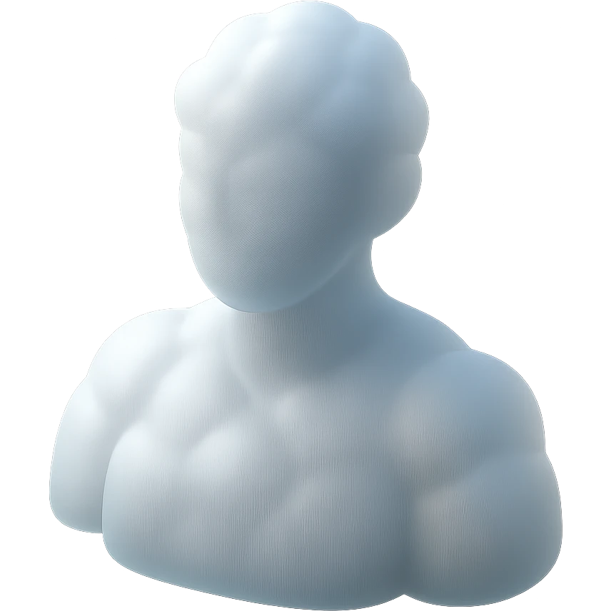 person made entirely of white fluffy convex clouds, shoulder up, front view, matte glass style emoji