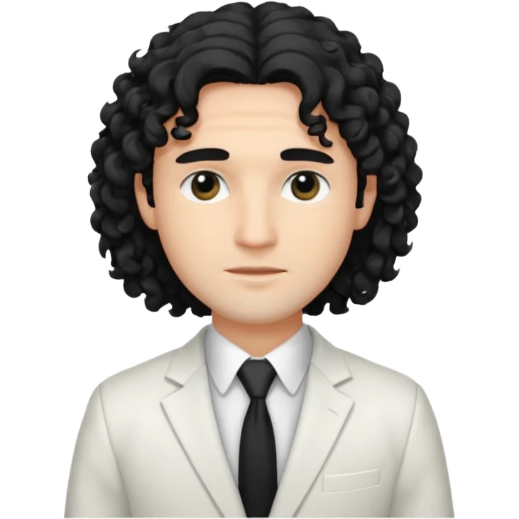 Cockasian guy with black long curly hair and black eyes wearing a White simple suit guy  emoji