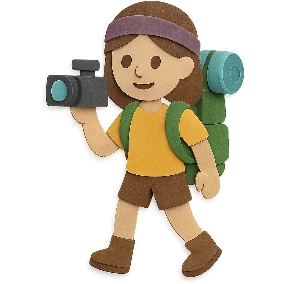 hiking woman with brown hair holding a video camera emoji