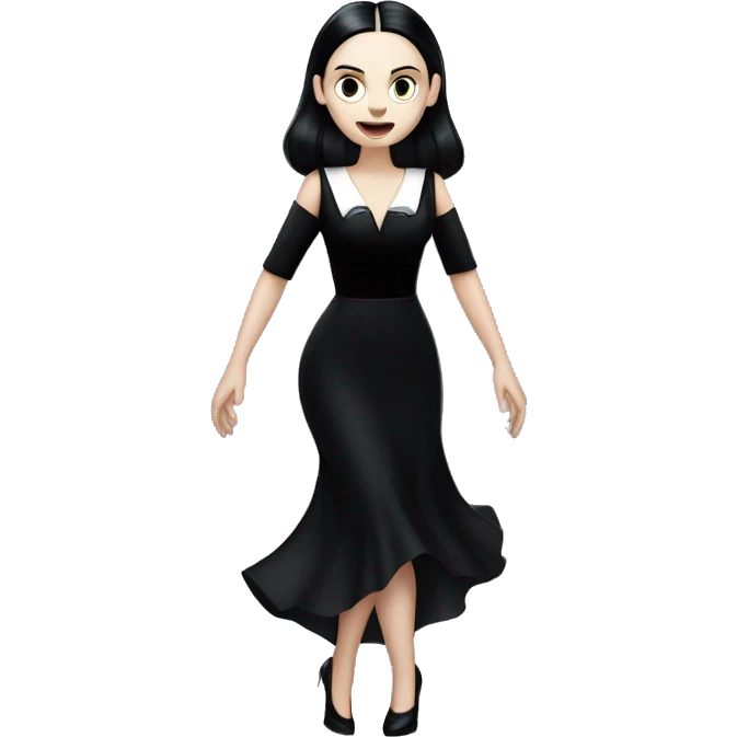 wednesday addams dancing with werewolves. high beauty face. short black flowing evening gown with  plunging neckline that’s off-the-shoulders that also shows her legs and black shiny velvet high heel shoes. emoji