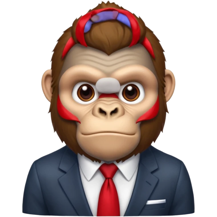 Brown haired cartoon gorilla with tufted tip of hair on the top of his head, light skin tone, heavy brows and cartoony eyes, he is a strong ape with and a red tie, but doesn't were any suit  emoji