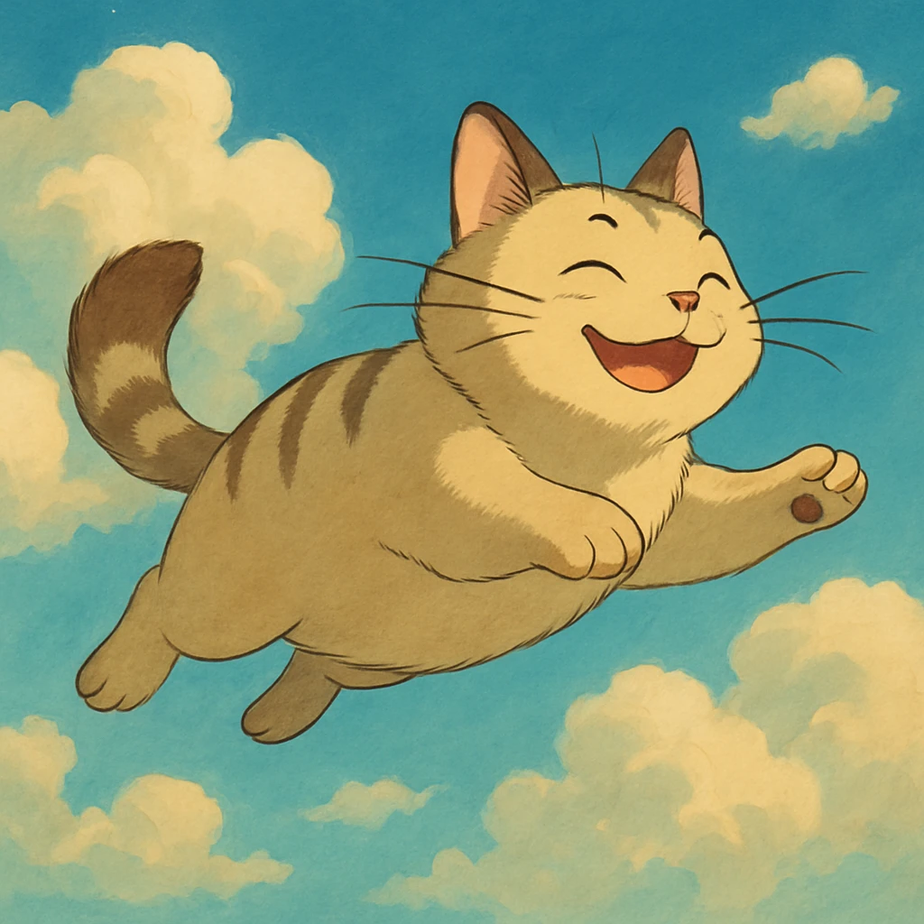 whimsical flying cat with clouds, ghibli style emoji