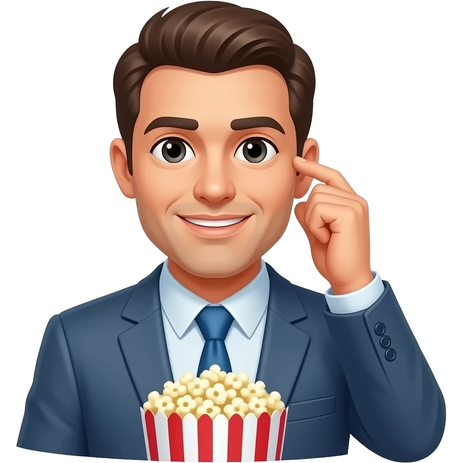 Un homme qui écoute des personnes débattre avec attention en mangeant du pop corn emoji