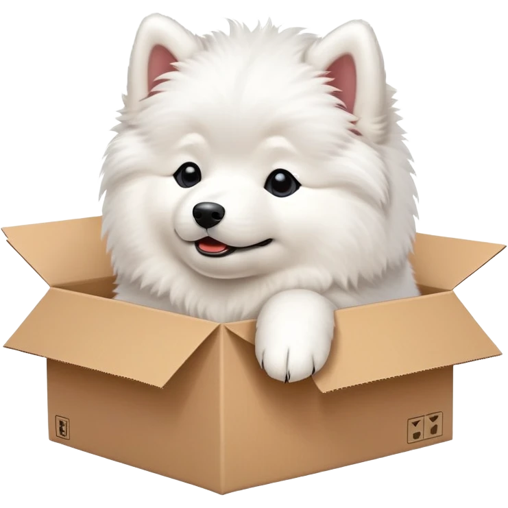  A very cute young Samoye  with one's head tilted to one side poked its paws out of the cardboard big box and placed them on top of it emoji