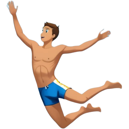 A diver mid-air, diving from a rocky cliff into the sparkling blue ocean below. The background shows a dramatic cliffside and clear sky, capturing the daring and exhilarating nature of cliff diving, with the water below ready to embrace the plunge. emoji