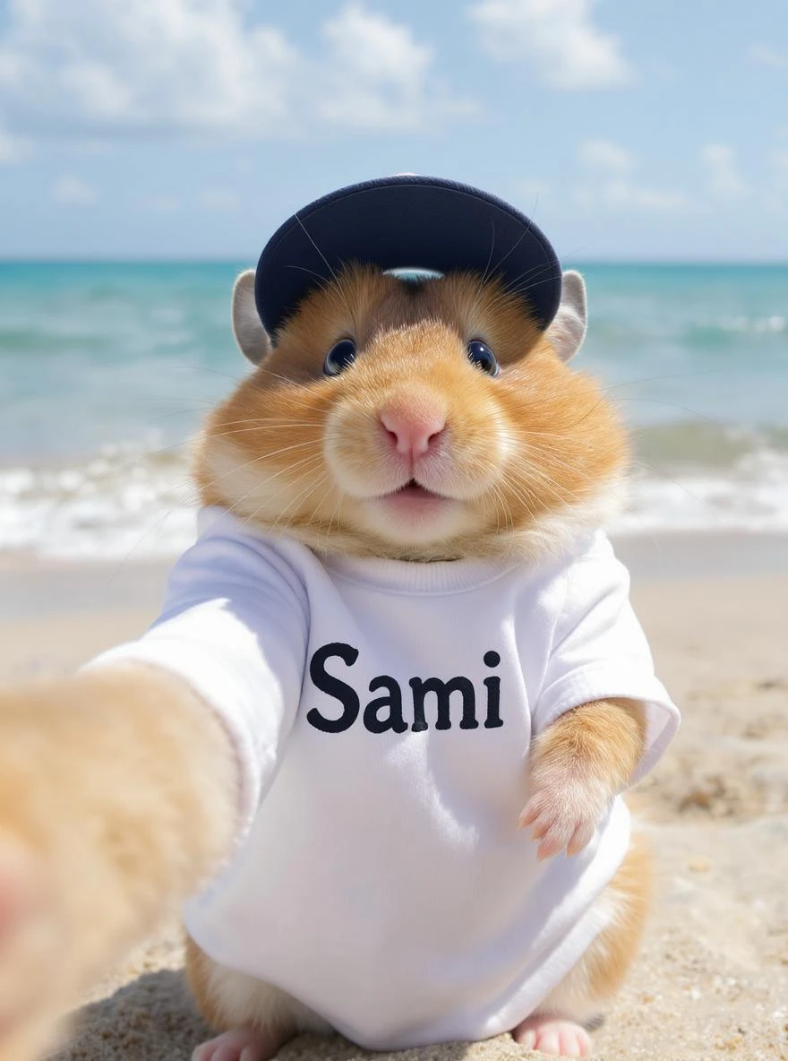 Orange tabby hamster in a t-shirt saying "Sami" and cap taking selfies against the background of beach and blue sea, shot with an 85 mm f/11 lens, ISO 100, 8K RAW, no blur emoji