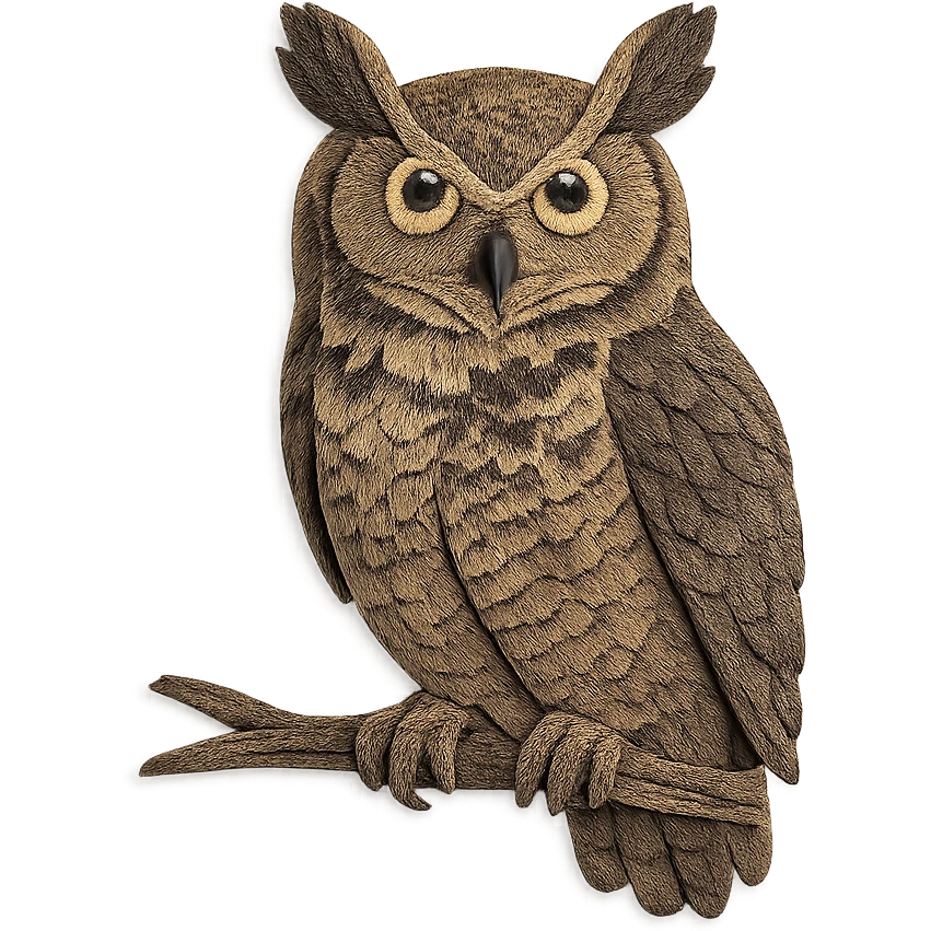 very detailed great horned owl perched on a branch, intricate cut paper textures, large ear tufts, yellow eyes, mottled brown and gray feathers, realistic markings emoji