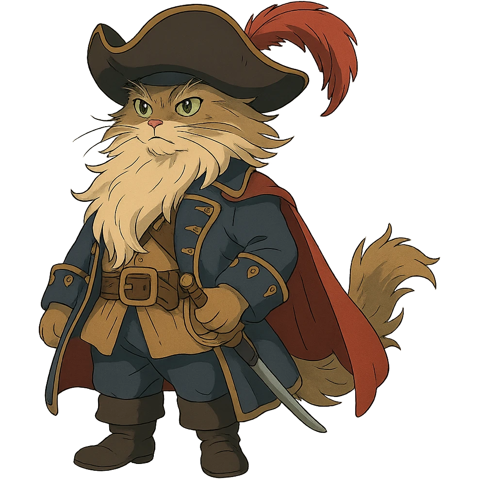 ghibli style cat dressed as pirate captain with flowing fur and detailed costume emoji