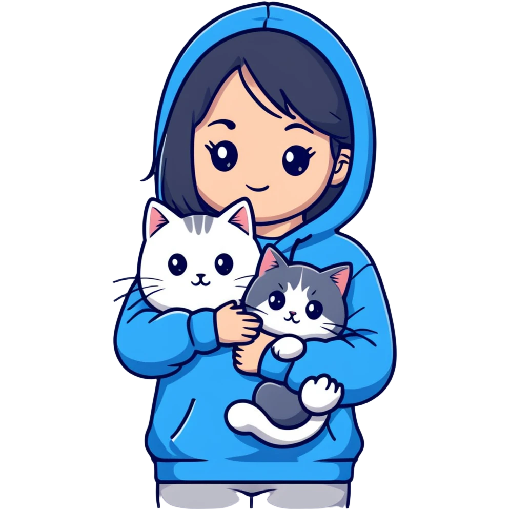 Girl with black hair in gray hoodie with a British shorthair blue and white cat and a long-haired blue and white cat emoji