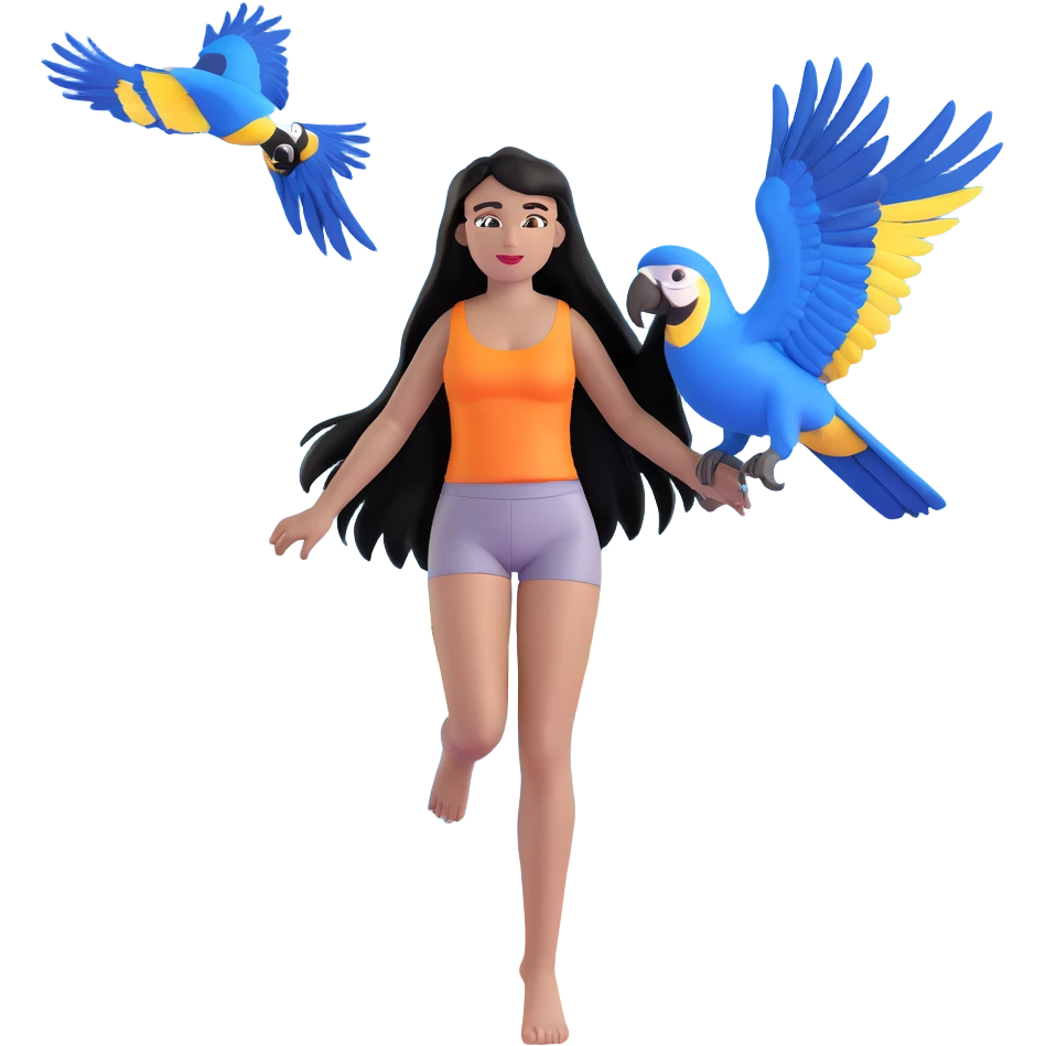 woman with long straight black hair, light brown skin, with blue macaws flying around her, and the three arches of Atalaia Beach (Aracaju-SE) in the background emoji